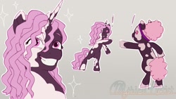 Size: 2048x1152 | Tagged: safe, artist:mythical artist, idw, violette rainbow, oc, earth pony, pony, unicorn, g5, spoiler:comic, spoiler:g5comic, spoiler:g5comic14, afro puff, bust, coat markings, cute, dreadlocks, exclamation point, female, filly, foal, full body, grin, pinto, pointing, smiling, violettebetes, vitiligo
