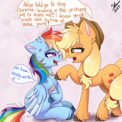 Size: 1280x1280 | Tagged: safe, artist:galaxy swirl, applejack, rainbow dash, earth pony, pegasus, pony, g4, applejack's hat, bandage, bandaid, blushing, bruised, cowboy hat, dialogue, duo, duo female, eye contact, female, floppy ears, freckles, hat, injured, lesbian, looking at each other, looking at someone, mare, messy mane, raised hoof, ship:appledash, shipping, sitting, speech bubble, unshorn fetlocks, wings, worth it