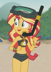 Size: 355x498 | Tagged: safe, screencap, sunset shimmer, human, equestria girls, g4, my little pony equestria girls: better together, unsolved selfie mysteries, beach, beach shorts swimsuit, beautiful, belly button, bikini, bikini babe, clothes, cropped, cute, female, shimmerbetes, snorkel, sunset shimmer swimsuit, sunset shimmer's beach shorts swimsuit, swimsuit