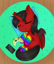 Size: 1487x1760 | Tagged: safe, artist:foxx_grey_art, oc, oc only, alicorn, bat pony, bat pony alicorn, pony, bat wings, black mane, clothes, commission, controller, horn, phone, pillow, rainbow socks, red coat, sleeping, socks, striped socks, wings, ych result