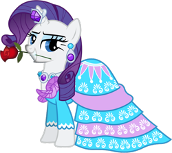 Size: 716x639 | Tagged: safe, editor:incredibubbleirishguy, rarity, pony, unicorn, g4, simple ways, 1000 years in photoshop, clothes, dress, ear piercing, earring, flower, flower in mouth, horn, horn jewelry, jewelry, lidded eyes, mouth hold, necklace, piercing, rose, rose in mouth, simple background, solo, transparent background, vector