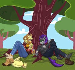 Size: 2230x2077 | Tagged: safe, artist:shallowwin, applejack, oc, oc:freako, earth pony, unicorn, anthro, plantigrade anthro, g4, barefoot, boots, canon x oc, clothes, commission, cowboy hat, drink, duo, farm, feet, female, hat, high res, looking at each other, looking at someone, male, resting, shoes, straight, tree, under the tree, working