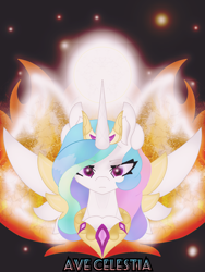 Size: 1080x1440 | Tagged: safe, artist:sodapop sprays, princess celestia, alicorn, pony, g4, bust, crown, digital art, eye clipping through hair, eyebrows, eyebrows visible through hair, female, fire, frown, jewelry, looking at you, mare, phone wallpaper, regalia, solo, space, spread wings, stern, sun, wallpaper, wings