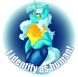 Size: 8601x8513 | Tagged: safe, artist:dankpegasista, lyra heartstrings, unicorn, anthro, g4, absurd resolution, arm hooves, background pony, blue background, caption, clothes, denim, digital art, ear fluff, equine, eye clipping through hair, eyelashes, female, heart, heart eyes, highlights, image macro, jeans, lineart, long hair, looking at you, mare, orange eyes, pants, png, s.m.i.l.e., shirt, simple background, smiling, smiling at you, solo, sticker, text, that pony sure does love humans, transparent background, wingding eyes