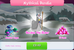Size: 1273x860 | Tagged: safe, gameloft, idw, sendak the elder, centaur, taur, g4, my little pony: fiendship is magic, my little pony: magic princess, beard, bundle, bush, cage, clothes, costs real money, english, facial hair, gem, horns, idw showified, male, medallion, mobile game, numbers, pouch, robes, sale, solo, staff, text