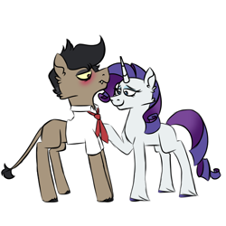 Size: 900x900 | Tagged: safe, artist:fuckomcfuck, rarity, oc, oc:pog champ, earth pony, pony, unicorn, g4, blushing, canon x oc, duo, fangs, height difference, necktie, simple background, white background