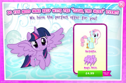 Size: 1965x1296 | Tagged: safe, gameloft, kerfuffle, twilight sparkle, alicorn, pegasus, pony, g4, my little pony: magic princess, advertisement, amputee, clear the skies, costs real money, disabled, energy, english, female, flying, folded wings, horn, mare, missing limb, mobile game, numbers, prosthetic leg, prosthetic limb, prosthetics, sale, solo focus, spread wings, text, twilight sparkle (alicorn), wings
