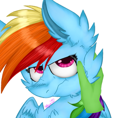 Size: 983x957 | Tagged: safe, artist:4agonism, derpibooru exclusive, rainbow dash, oc, oc:anon, human, pegasus, pony, g4, :c, :t, >:c, >:t, bust, cheek fluff, chest fluff, chin fluff, duo, ear fluff, eyelashes, frown, holding head, looking sideways, male, nose wrinkle, offscreen character, offscreen human, offscreen male, signature, simple background, spread wings, wavy mouth, white background, wings