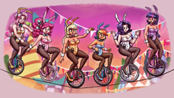 Size: 3000x1688 | Tagged: safe, artist:king-kakapo, applejack, fluttershy, pinkie pie, rainbow dash, rarity, twilight sparkle, human, g4, balancing, bare shoulders, blushing, bowtie, breasts, bunny ears, bunny suit, busty applejack, busty fluttershy, busty mane six, busty pinkie pie, busty rainbow dash, busty rarity, busty twilight sparkle, cleavage, clothes, commission, flutterbunny, high heels, humanized, leotard, licking, licking lips, light skin, mane six, open mouth, open smile, pantyhose, playboy bunny, shoes, sleeveless, smiling, strapless, tan skin, tightrope, tongue out, unicycle, wavy mouth
