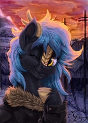 Size: 1113x1556 | Tagged: safe, artist:thatonegib, oc, oc only, oc:evanescent gleam, kirin, bust, clothes, cloven hooves, digital art, digital painting, horns, jacket, kirin oc, looking at you, one eye closed, painting, portrait, smiling, solo, sunset, unshorn fetlocks, wink, winking at you