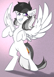 Size: 2152x3032 | Tagged: safe, artist:witchtaunter, oc, oc only, oc:campfire glow, pegasus, pony, bipedal, chest fluff, commission, ear fluff, flapping wings, gradient background, high res, male, on hind legs, solo, spread wings, stallion, wings