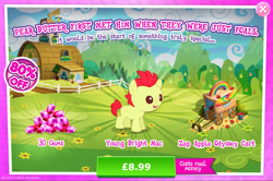 Size: 1962x1300 | Tagged: safe, gameloft, bright mac, earth pony, pony, g4, my little pony: magic princess, advertisement, apple, bucket, bush, cart, colt, costs real money, english, foal, food, gem, introduction card, male, mobile game, numbers, sale, solo, text, wheel, young, zap apple