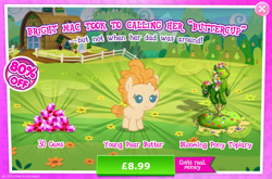 Size: 1962x1295 | Tagged: safe, gameloft, pear butter, earth pony, pony, g4, my little pony: magic princess, official, advertisement, bush, costs real money, english, female, filly, flower, foal, gem, greedloft, implied bright mac, introduction card, mare, mobile game, numbers, sale, solo, text, young, younger