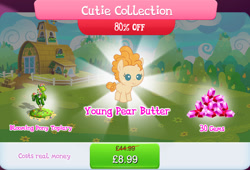 Size: 1268x861 | Tagged: safe, gameloft, pear butter, earth pony, pony, g4, my little pony: magic princess, bundle, bush, costs real money, cutie collection, english, female, filly, filly pear butter, flower, foal, gem, greedloft, mare, mobile game, numbers, sale, solo, text, young