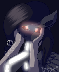 Size: 950x1159 | Tagged: safe, artist:brybrychan, oc, oc only, pegasus, pony, cheek squish, glowing, glowing eyes, male, offscreen character, pegasus oc, pov, signature, skull, squishy cheeks, stallion, wings