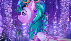 Size: 2500x1450 | Tagged: safe, artist:stesha, oc, oc only, oc:youmiko, pegasus, pony, antlers, bust, commission, ear fluff, female, flower, flower in hair, green mane, lilac, looking at something, mare, partially open wings, pegasus oc, red eyes, solo, wings
