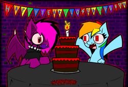 Size: 1262x856 | Tagged: safe, artist:xxv4mp_g4z3rxx, rainbow dash, oc, oc:violet valium, bat pony, pegasus, pony, g4, bat pony oc, birthday, birthday cake, cake, candle, duo, food, open mouth, table, tablecloth