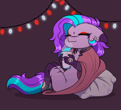 Size: 1100x1000 | Tagged: safe, artist:purplegrim40, oc, oc only, earth pony, anthro, unguligrade anthro, animated, blanket, chocolate, christmas, christmas lights, commission, earth pony oc, eyes closed, floppy ears, food, gif, holiday, hot chocolate, solo, ych result
