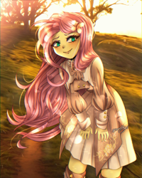 Size: 691x865 | Tagged: safe, artist:granatty, fluttershy, human, equestria girls, g4, clothes, dress, female, outdoors, smiling, solo