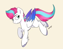 Size: 1800x1400 | Tagged: safe, artist:chaoticcr0w, zipp storm, pegasus, pony, g5, colored wings, eyebrows, female, gradient wings, looking at you, mare, multicolored wings, signature, simple background, smiling, smiling at you, solo, unshorn fetlocks, wings, yellow background
