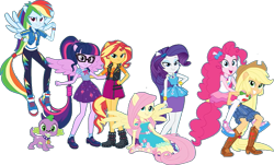 Size: 1027x619 | Tagged: safe, edit, edited screencap, screencap, applejack, fluttershy, pinkie pie, rainbow dash, rarity, sci-twi, spike, spike the regular dog, sunset shimmer, twilight sparkle, dog, human, equestria girls, g4, my little pony equestria girls: better together, background removed, converse, female, humane five, humane seven, humane six, male, ponied up, ponytail, puppy, rarity peplum dress, shoes, simple background, transparent background, wings