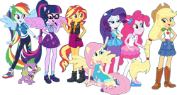 Size: 1148x619 | Tagged: safe, edit, edited screencap, screencap, applejack, fluttershy, pinkie pie, rainbow dash, rarity, sci-twi, spike, spike the regular dog, sunset shimmer, twilight sparkle, dog, human, equestria girls, g4, my little pony equestria girls: better together, background removed, converse, female, humane five, humane seven, humane six, male, ponied up, shoes, simple background, transparent background, wings