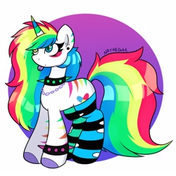 Size: 1600x1600 | Tagged: safe, artist:chaoticcr0w, oc, oc only, pony, unicorn, :p, accessory, clothes, collar, horn, multicolored hair, rainbow hair, rainbow tail, simple background, socks, solo, spiked collar, spiked wristband, striped socks, tail, tongue out, unicorn oc, white background, white coat, wristband