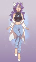 Size: 1185x2048 | Tagged: safe, artist:brot-art, rarity, human, g4, belly button, breasts, clothes, coat, denim, eared humanization, female, flats, horn, horned humanization, humanized, jeans, jewelry, midriff, necklace, pants, shoes, short shirt, sleeveless, sleeveless sweater, sleeveless turtleneck, solo, sweater