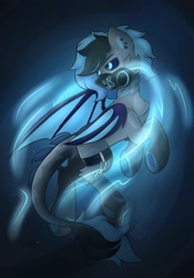 Size: 1400x2000 | Tagged: safe, artist:chaoticcr0w, oc, oc:tonic, dracony, dragon, hybrid, pony, accessory, aura, black sclera, blue eyes, glowing, glowing eyes, mask, respirator, solo, tail, two toned mane, two toned tail, wings