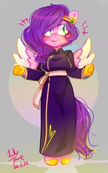 Size: 1200x1920 | Tagged: safe, artist:jully-park, pipp petals, pegasus, semi-anthro, g5, adorapipp, adorasexy, arm hooves, clothes, colored wings, cute, deel, digital art, dress, female, full body, lunar new year, mare, mongolia, mongolia new year, mongolian, open mouth, open smile, sexy, signature, simple background, smiling, solo, spread wings, traditional clothes, wings