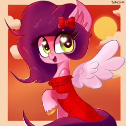 Size: 2048x2048 | Tagged: safe, artist:thebigstuff89, pipp petals, pegasus, pony, g5, adorapipp, alternate hairstyle, bow, clothes, cute, dress, female, flamenco dress, hair bow, heart, heart eyes, looking at you, mare, open mouth, open smile, princess pipp, raised hoof, smiling, smiling at you, solo, sunset, wingding eyes, wings