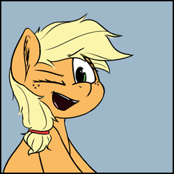 Size: 875x875 | Tagged: safe, artist:pinkberry, applejack, g4, colored sketch, cute, doodle, female, filly, filly applejack, foal, jackabetes, looking at you, one eye closed, sketch, smiling, tooth gap, wink, winking at you, younger