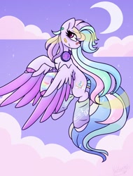 Size: 1554x2048 | Tagged: safe, artist:chaoticcr0w, oc, oc only, pegasus, pony, bandaid, bandaid on nose, clothes, cloud, flying, headphones, multicolored mane, multicolored tail, night, pegasus oc, socks, solo, tail