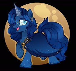 Size: 2048x1896 | Tagged: safe, artist:chaoticcr0w, oc, oc only, pony, unicorn, base used, black background, blue coat, blue eyes, blue mane, blue tail, cape, clothes, crystal horn, glasses, horn, jewelry, moon, simple background, slit pupils, solo, tail, unicorn oc