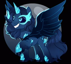 Size: 2048x1836 | Tagged: safe, artist:chaoticcr0w, oc, oc only, alicorn, pony, base used, black background, black sclera, blue coat, blue mane, blue tail, crystal, crystal horn, evil smile, glowing, glowing eyes, grin, horn, moon, raised hoof, simple background, smiling, solo, spread wings, tail, wings