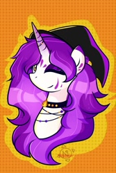 Size: 1000x1500 | Tagged: safe, artist:chaoticcr0w, oc, oc only, pony, unicorn, accessory, bust, choker, eyeshadow, golden eyes, hat, horn, makeup, one eye closed, purple mane, simple background, solo, unicorn oc, wink, witch hat