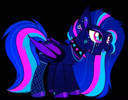 Size: 1832x1432 | Tagged: safe, artist:chaoticcr0w, oc, oc only, oc:cyberglitch, bat pony, pony, accessory, base used, bat pony oc, black background, blue coat, clothes, collar, colored wings, ear piercing, female, gradient wings, mare, multicolored mane, multicolored tail, neon mane, piercing, simple background, solo, spiked collar, stockings, tail, thigh highs, wings