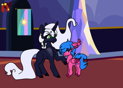 Size: 1400x1000 | Tagged: safe, artist:void-home, oc, oc only, oc:lunar lament, oc:neon burst, alicorn, bat pony, hybrid, pegasus, pony, duo, ear tufts, story included