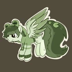 Size: 2000x2000 | Tagged: safe, artist:chaoticcr0w, oc, oc only, pegasus, pony, brown background, brown eyes, clothes, flying, frog hoodie, green coat, green mane, green tail, high res, hoodie, pegasus oc, simple background, solo, tail