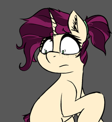 Size: 714x782 | Tagged: safe, artist:pinkberry, oc, oc:mulberry merlot, pony, unicorn, bipedal, female, gray background, grossed out, mare, simple background, solo, worried