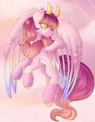 Size: 1586x2048 | Tagged: safe, artist:chaoticcr0w, oc, oc only, pegasus, pony, cloud, colored wings, flying, golden eyes, gradient mane, gradient tail, gradient wings, pegasus oc, pink coat, smiling, solo, tail, unshorn fetlocks, wings