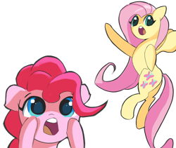 Size: 2460x2076 | Tagged: safe, artist:solid shrimp, fluttershy, pinkie pie, earth pony, pegasus, pony, g4, duo, duo female, female, flying, high res, mare, meme, open mouth, pointing, ponified meme, simple background, soyjak, soyjaks pointing, transparent background, wojak