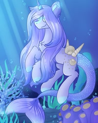 Size: 1638x2048 | Tagged: safe, artist:chaoticcr0w, oc, oc only, hybrid, merpony, sea pony, unicorn, blue mane, bubble, chest fluff, coral, crepuscular rays, digital art, female, fish tail, flowing mane, flowing tail, glowing, glowing eyes, horn, mare, ocean, seashell, seaweed, shell, smiling, solo, sunlight, swimming, tail, underwater, water