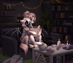 Size: 4000x3466 | Tagged: safe, artist:miurimau, oc, oc only, pony, book, bookshelf, bottle, candle, couch, cuddling, duo, horns, plant, plant pot, string lights, teapot, wine bottle