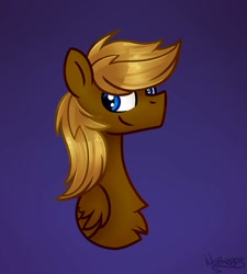 Size: 1800x2000 | Tagged: safe, artist:chaoticcr0w, oc, oc only, pegasus, pony, blue eyes, brown coat, bust, male, pegasus oc, purple background, simple background, smiling, solo, stallion, wings, yellow mane