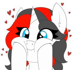 Size: 2600x2452 | Tagged: artist needed, source needed, safe, oc, oc only, oc:starforce fireline, pony, unicorn, adorable face, blue eyes, cheek bulge, cheek squish, cute, eyelashes, female, floating heart, heart, high res, hooves, hooves on cheeks, horn, looking at something, mare, simple background, smiling, solo, squishy cheeks, transparent background, unicorn oc