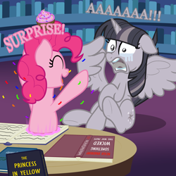 Size: 2000x2000 | Tagged: safe, artist:nitei, edit, pinkie pie, twilight sparkle, alicorn, earth pony, pony, g4, arms spread out, atg 2022, book, book title humor, cartoon physics, confetti, crying, crylight sparkle, cupcake, discorded, discorded twilight, duo, duo female, eyes closed, female, floppy ears, food, frightened, happy, hiding behind wing, high res, horror story, indoors, jumpscare, library, looking at someone, mare, mary shelley, name pun, newbie artist training grounds, open mouth, open smile, pinkie being pinkie, pinkie physics, pinpoint eyes, popping out, portal, ray bradbury, recoil, robert w. chambers, scared, screaming, show accurate, smiling, something wicked this way comes, spread wings, startled, surprise!, surprised, table, teary eyes, the king in yellow, tongue out, twilight sparkle (alicorn), twilight tragedy, twilight's castle, twilight's castle library, underhoof, wide eyes, wings