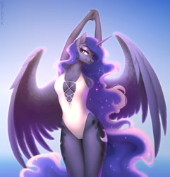 Size: 1928x2000 | Tagged: safe, artist:sparkling_light, princess luna, alicorn, anthro, absolute cleavage, breasts, cleavage, clothes, curvy, hourglass figure, legs together, one-piece swimsuit, simple background, solo, spread wings, stretching, stupid sexy princess luna, swimsuit, white swimsuit, winged anthro, wings