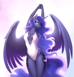 Size: 1928x2000 | Tagged: safe, alternate version, artist:sparkling_light, princess luna, anthro, absolute cleavage, breasts, cleavage, clothes, curvy, hourglass figure, legs together, one-piece swimsuit, simple background, solo, spread wings, stretching, stupid sexy princess luna, swimsuit, white swimsuit, winged anthro, wings