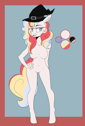 Size: 2360x3500 | Tagged: safe, artist:luxsimx, oc, oc:flash dazzle, anthro, unguligrade anthro, barbie doll anatomy, breasts, featureless breasts, featureless crotch, female, hat, high res, reference sheet, solo
